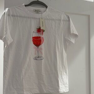Francesca's Collections White Tee with Strawberry and Wine Glass Design